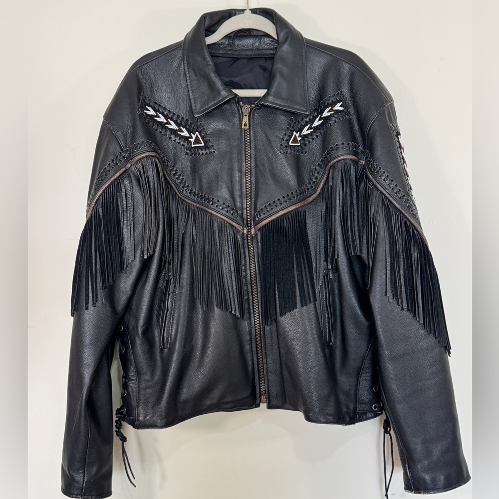Men’s Black Genuine Leather moto/ western fringe jacket size.XL
